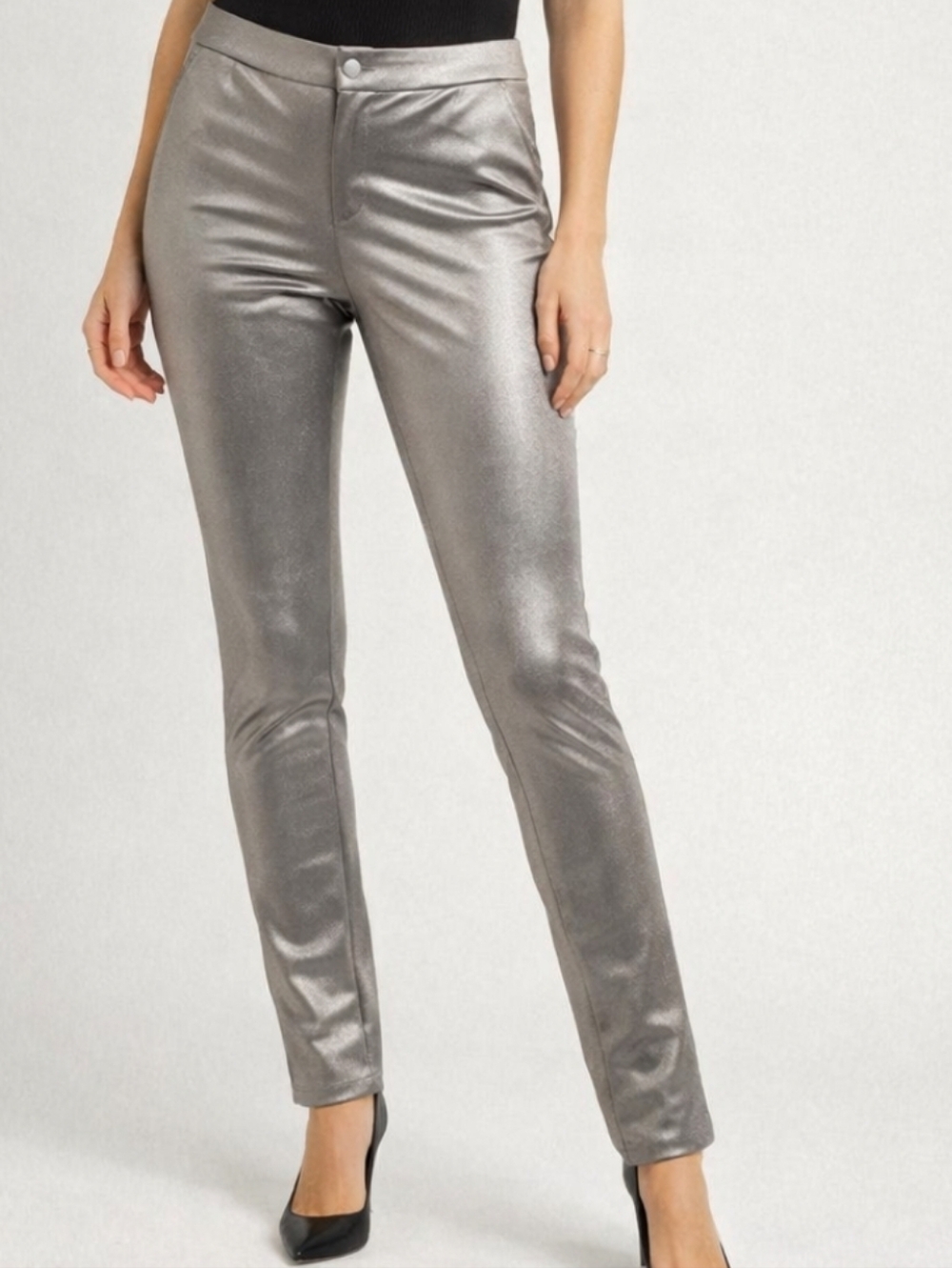 SKIMS Metallic Silver Skinny Pants - Women's Sleek Stretch Trousers